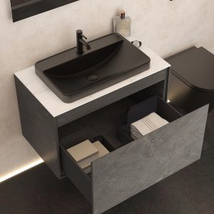 Arco 800 white marble worktop with black basin