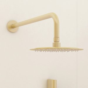 Imex 200mm stainless steel round slimline showerhead and design brass shower arm in Chrome