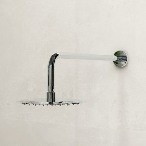Imex 200mm stainless steel round slimline showerhead and design brass shower arm in Chrome