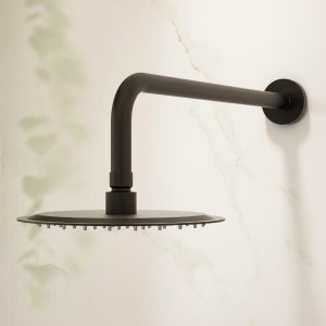 Imex 200mm stainless steel round slimline showerhead and design brass shower arm in Chrome