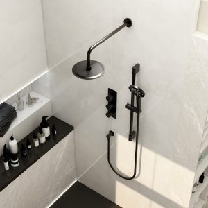 Ravine 3 handle, dual diverter concealed thermostatic valve with adjustable and 200mm fixed heads in Matt Black