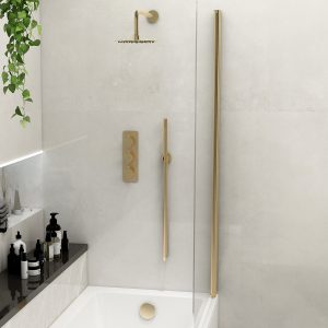 Ravine 3 handle, triple diverter concealed thermostatic valve with 200mm fixed head, pencil handset and smooth hose in Brushed Brass