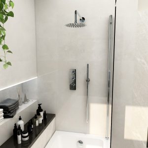 Ravine 3 handle, triple diverter concealed thermostatic valve with 200mm fixed head, pencil handset and smooth hose in Chrome