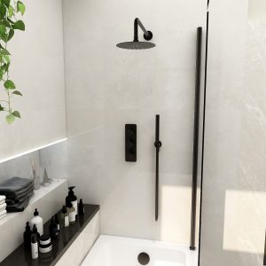 Ravine 3 handle, triple diverter concealed thermostatic valve with 200mm fixed head, pencil handset and smooth hose in Matt Black