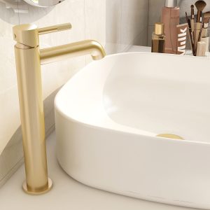 Ravine tall basin mixer in Brushed Brass with clicker universal waste