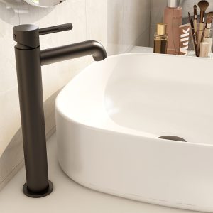 Ravine tall basin mixer in Matt Black with clicker universal waste