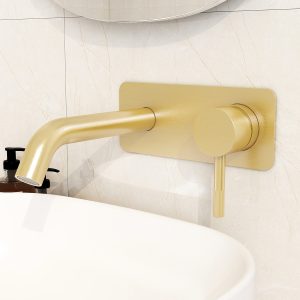 Ravine two hole wall mounted basin mixer in Brushed Brass with universal clicker waste