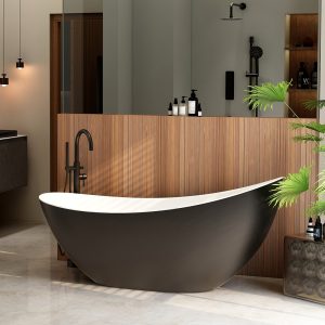 1600mm Arco slipper bath - freestanding bath with matt black exterior including white dome clicker bath waste