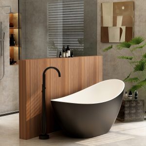 1600mm Arco slipper bath - freestanding bath with matt black exterior including white dome clicker bath waste