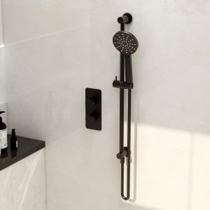 Shower pack including round slide rail with integrated wall outlet elbow, Ravine multifunction handset and smooth hose in matt black