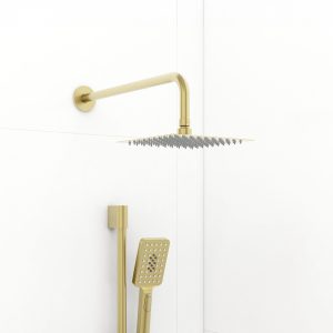 200mm stainless steel square slimline showerhead and design brass shower arm in Brushed Brass