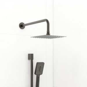 200mm stainless steel square slimline showerhead and design brass shower arm in Matt Black