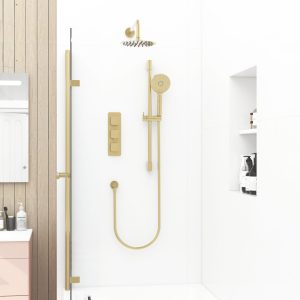 Quadro 3 handle dual diverter shower pack with round overhead shower, slide rail and multifunction round handset in Brushed Brass