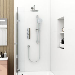 Quadro 3 handle dual diverter shower pack with round overhead shower, slide rail and multifunction round handset in Chrome