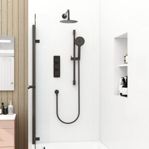 Quadro 3 handle dual diverter shower pack with round overhead shower, slide rail and multifunction round handset in Matt Black