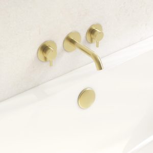 Three hole wall mounted bath filler in brushed brass