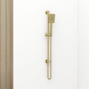Quadro slide rail kit including integrated wall outlet elbow, Quadro multifunction handset and smooth hose in Brushed Brass
